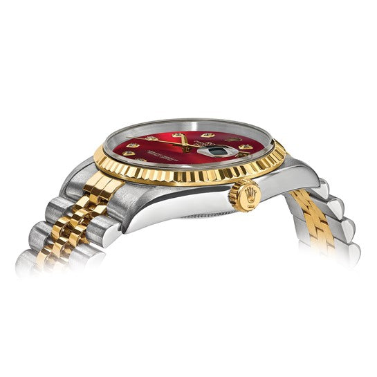 Swiss Crown™ USA Pre-owned Rolex-Independently Certified Steel and 18k 36mm Jubilee Datejust Red Diamond Dial and Fluted Bezel Watch