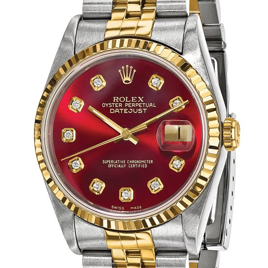 Swiss Crown™ USA Pre-owned Rolex-Independently Certified Steel and 18k 36mm Jubilee Datejust Red Diamond Dial and Fluted Bezel Watch