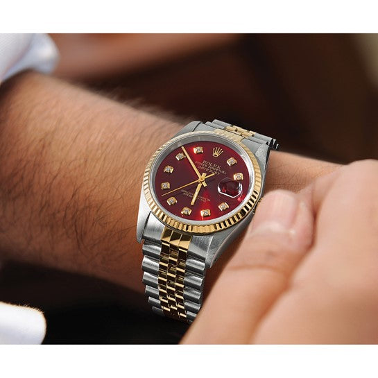 Swiss Crown™ USA Pre-owned Rolex-Independently Certified Steel and 18k 36mm Jubilee Datejust Red Diamond Dial and Fluted Bezel Watch