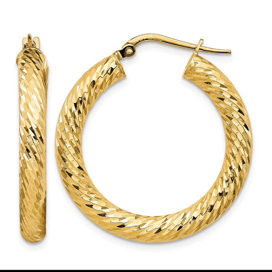 10k 4x30mm Diamond-cut Round Hoop Earrings