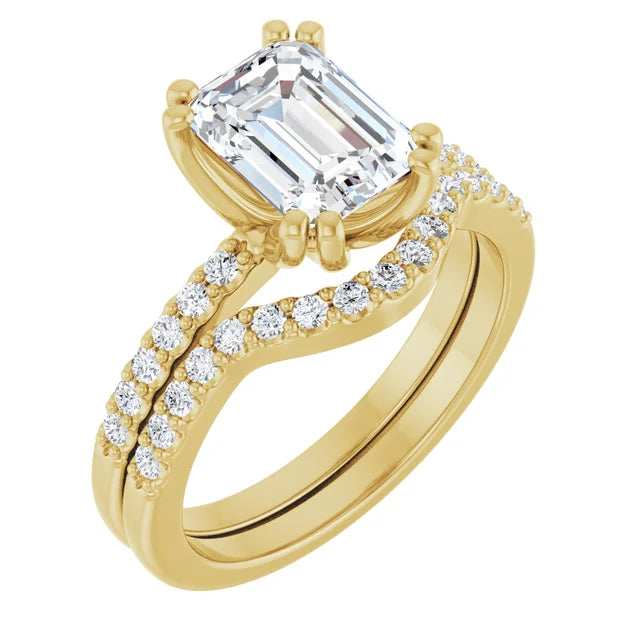 14K Yellow Gold 8x6 mm Emerald Engagement Ring Mounting with Bands