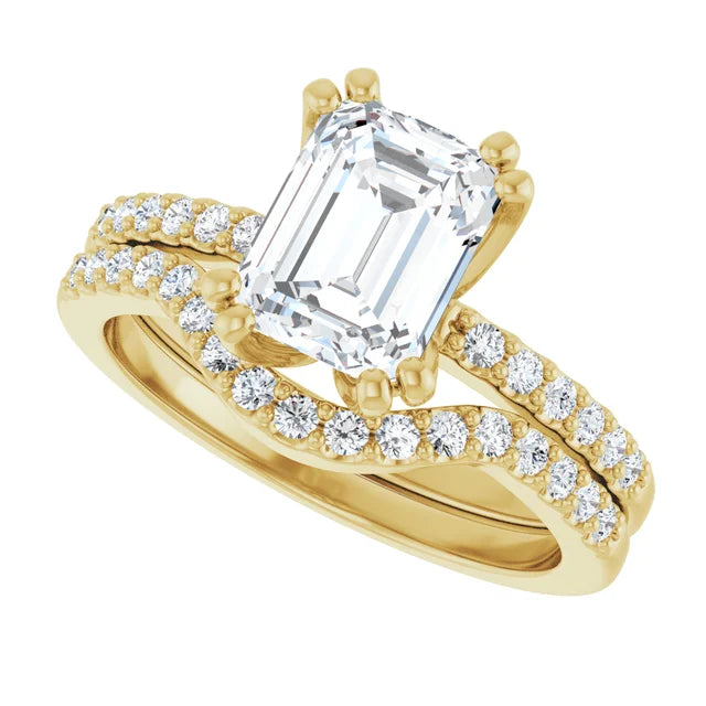14K Yellow Gold 8x6 mm Emerald Engagement Ring Mounting with Bands