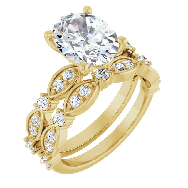Yellow Gold Oval Engagement Ring Mounting - Matching Band