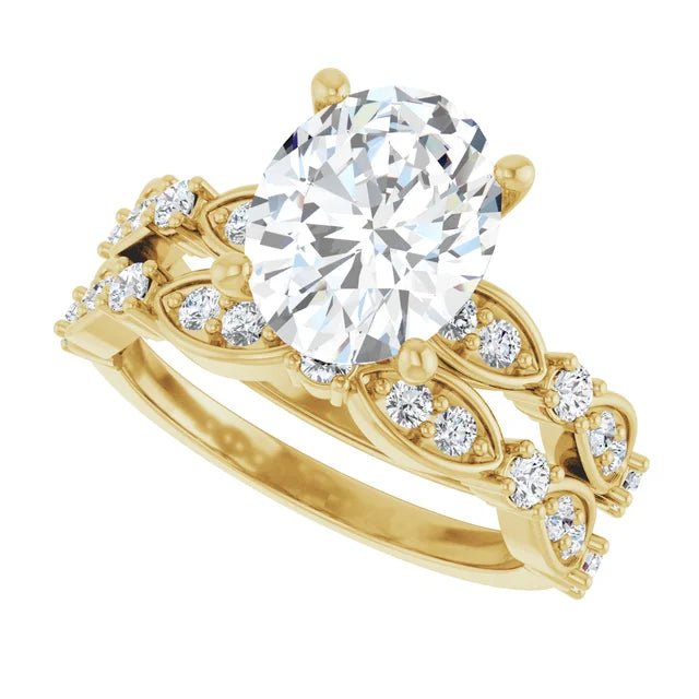 Yellow Gold Oval Engagement Ring Mounting - Matching Band