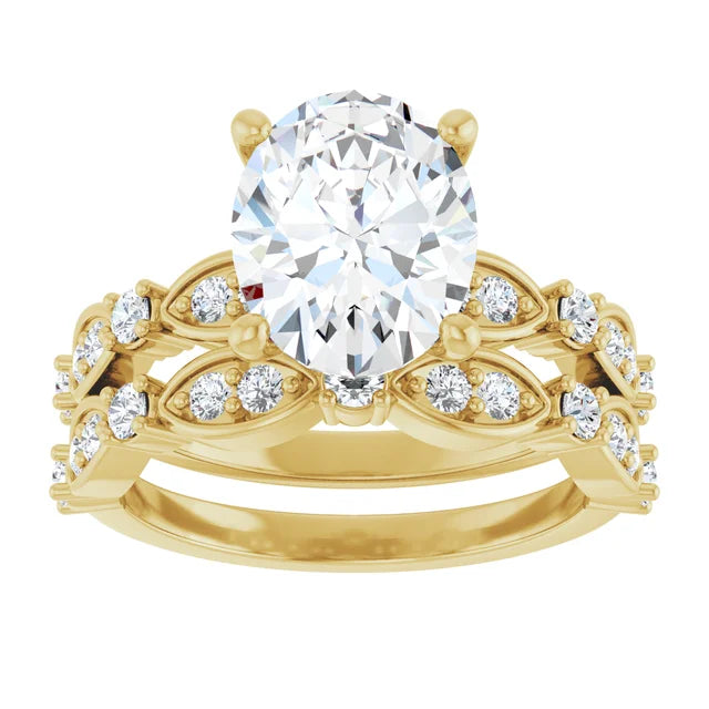 Yellow Gold Oval Engagement Ring Mounting - Matching Band