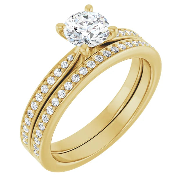 Yellow Gold Round Engagement Ring Mounting - Matching Band