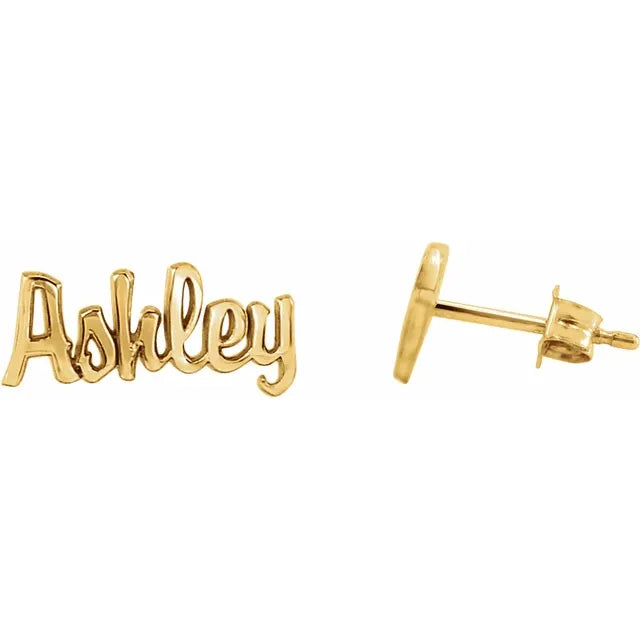 10K Yellow Gold Script Nameplate Earrings