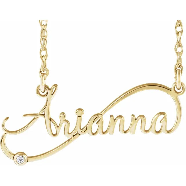 10K Yellow Gold .015 CT Natural Diamond Infinity-Inspired Script Single Name 16" Necklace