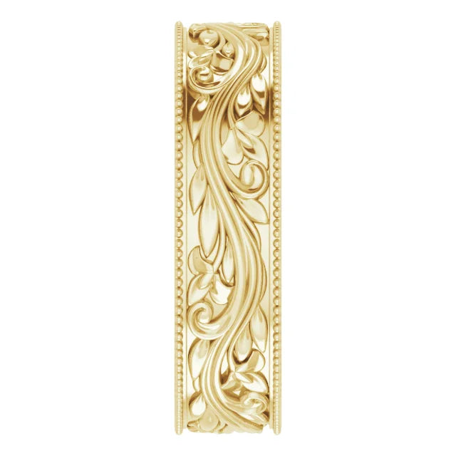 Milgrain Edge Floral Flat Band 10K Yellow Gold 6 mm