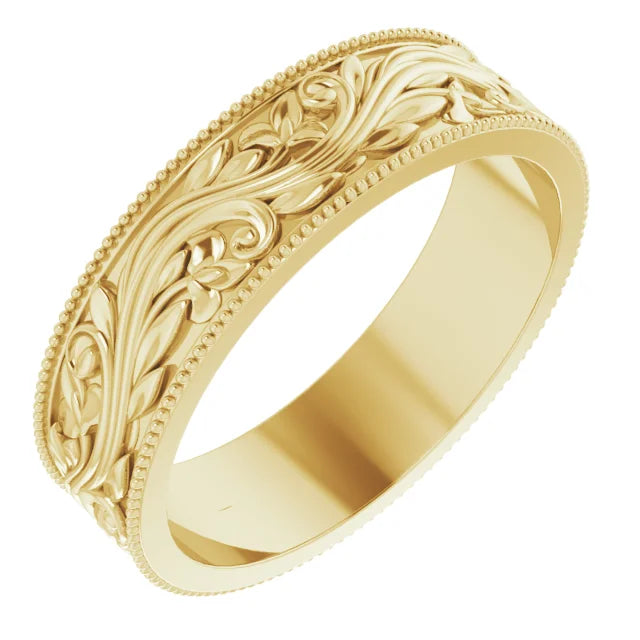 Milgrain Edge Floral Flat Band 10K Yellow Gold 6 mm