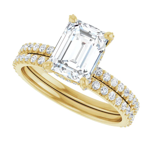 14K Yellow Gold 8x6 mm Emerald Engagement Ring Mounting with Bands