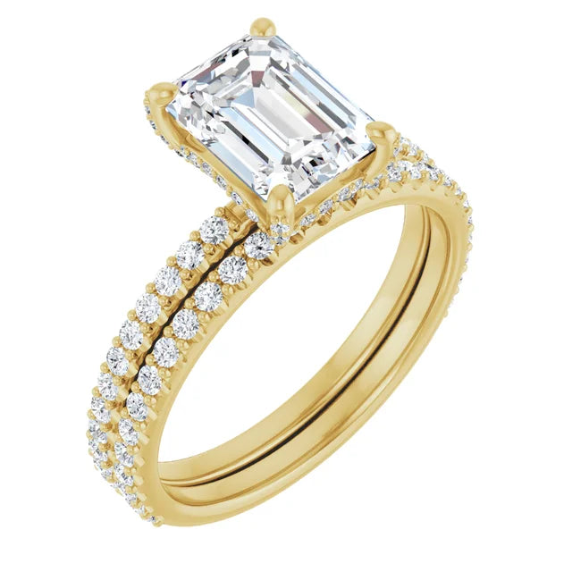 14K Yellow Gold 8x6 mm Emerald Engagement Ring Mounting with Bands