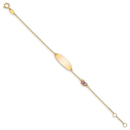 14K Polished Purple Enamel Butterfly and 20x7mm Plate 5.5 inch Baby/Child ID Bracelet with 0.5 inch Extender