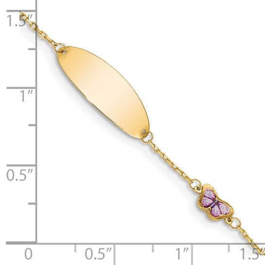 14K Polished Purple Enamel Butterfly and 20x7mm Plate 5.5 inch Baby/Child ID Bracelet with 0.5 inch Extender