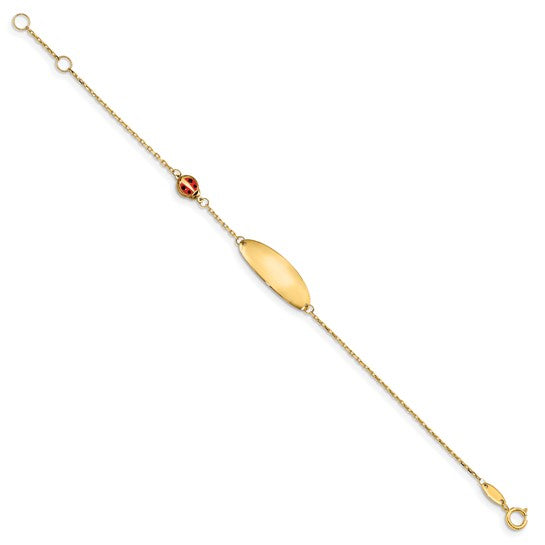 14K Polished Red Enamel Ladybug and 20x7mm Plate 5.5 inch Baby/Child ID Bracelet with 0.5 inch Extender