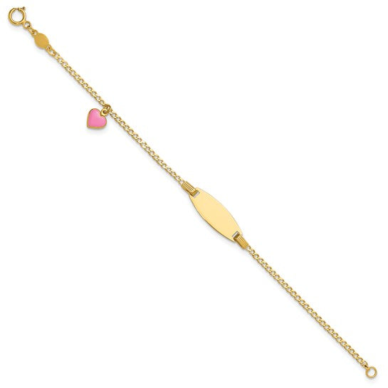 14k Polished Pink Enameled Puffed Heart and 18x5mm Plate 5.5 inch Baby/Child ID Bracelet