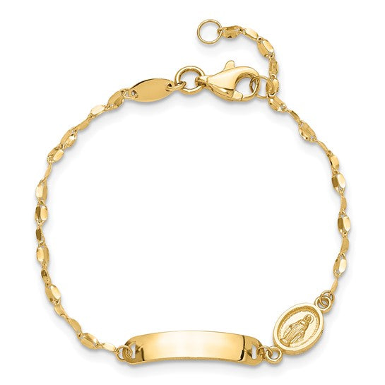 14K Polished Miraculous Medal and 19x4mm Plate 6 inch Baby/Child ID Bracelet