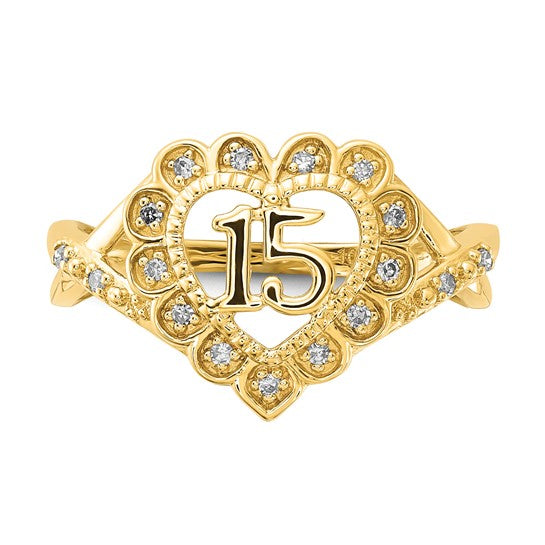 10k Yellow Gold Polished Diamond 15 Quinceanera Heart Ring