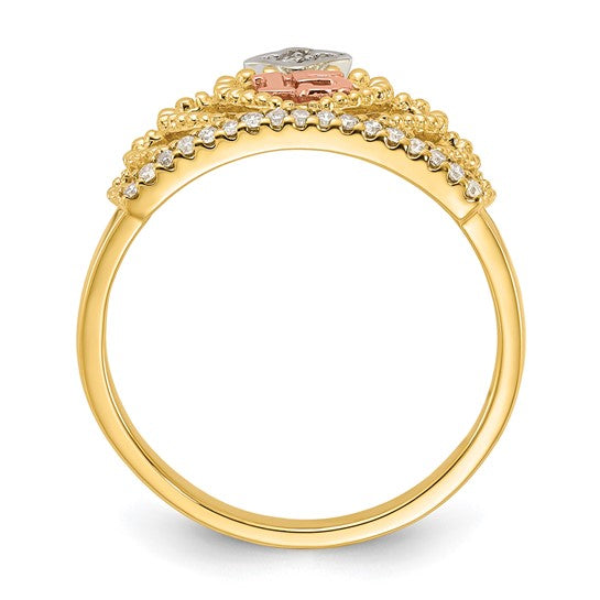 10k Tri-Color Polished and Beaded Diamond 15 Quinceanera Crown Ring