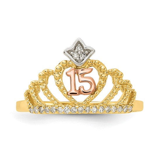 10k Tri-Color Polished and Beaded Diamond 15 Quinceanera Crown Ring