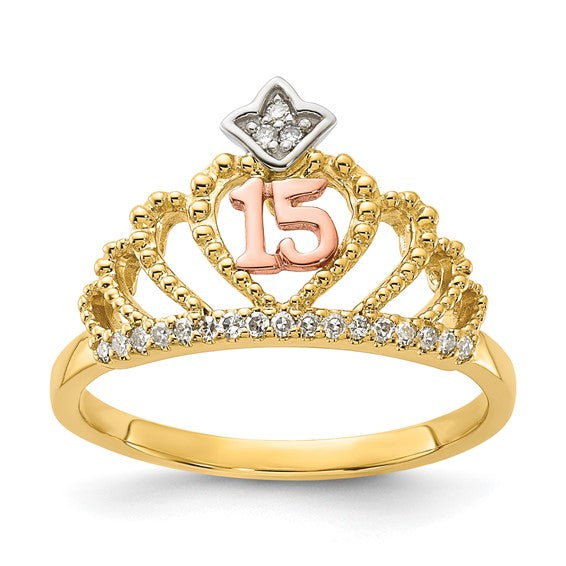 10k Tri-Color Polished and Beaded Diamond 15 Quinceanera Crown Ring