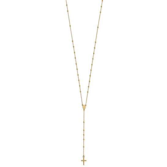 14k Polished Cross and Miraculous Medal Beaded 24 inch Rosary Necklace