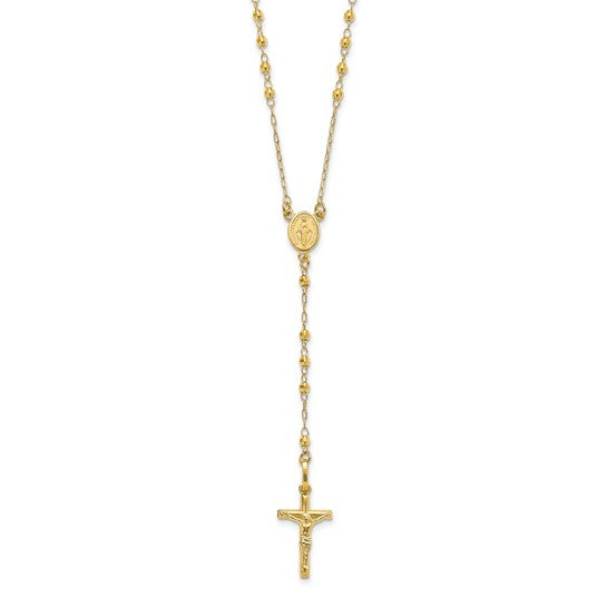 14K Polished Crucifix and Miraculous Medal with Faceted Beads 24 inch Rosary Necklace