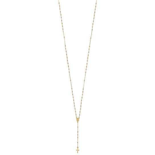 14k Tri-color Cross and Miraculous Medal with Laser-cut Beads 17 inch Rosary Necklace Plus 3 inch Extender