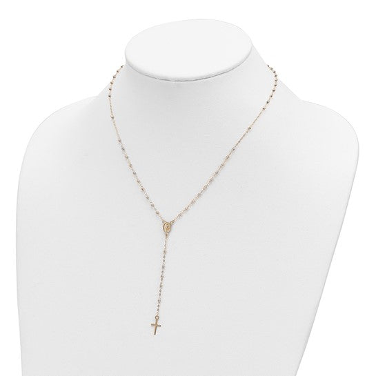 14k Tri-color Cross and Miraculous Medal with Laser-cut Beads 17 inch Rosary Necklace Plus 3 inch Extender