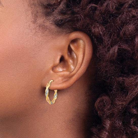 14K with Rose and White Rhodium Textured Twisted Hoop Earrings
