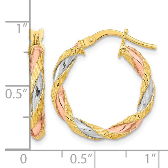 14K with Rose and White Rhodium Textured Twisted Hoop Earrings