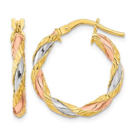 14K with Rose and White Rhodium Textured Twisted Hoop Earrings