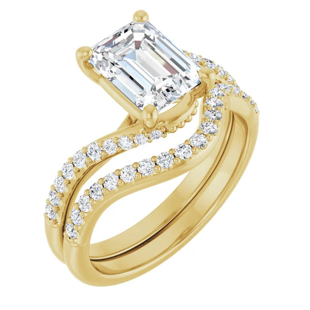 10K Yellow Gold 8x6 mm Emerald Engagement Ring Mounting - Matching Band
