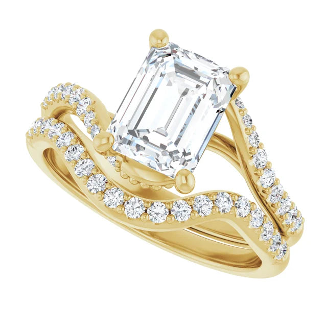 10K Yellow Gold 8x6 mm Emerald Engagement Ring Mounting - Matching Band