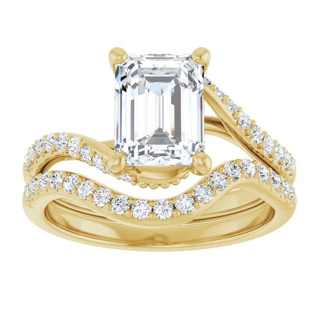 10K Yellow Gold 8x6 mm Emerald Engagement Ring Mounting - Matching Band